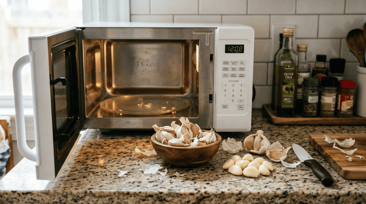 O truque do alho no micro-ondas é uma forma rápida de soltar a casca do dente usando calor controlado