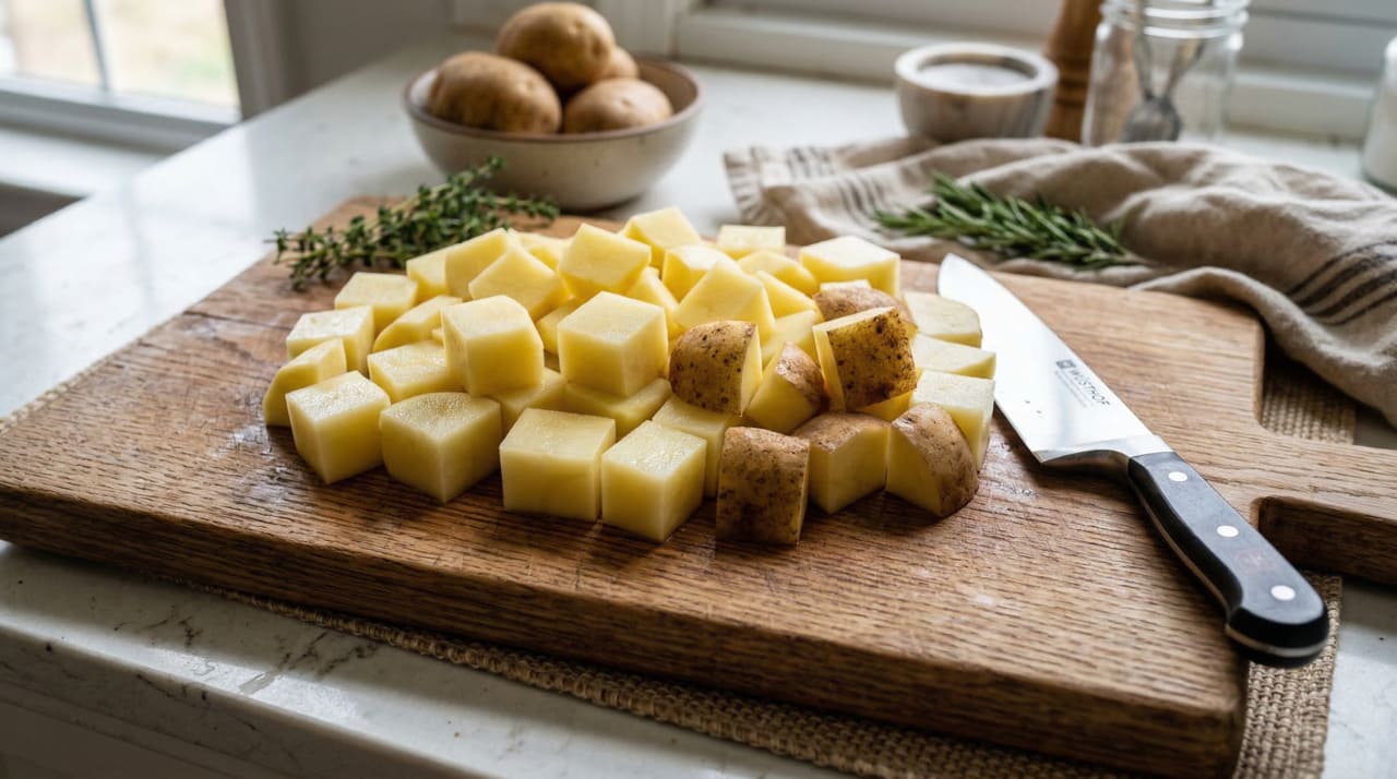 O formato e o tamanho dos pedaços influenciam diretamente a integridade da batata durante o cozimento