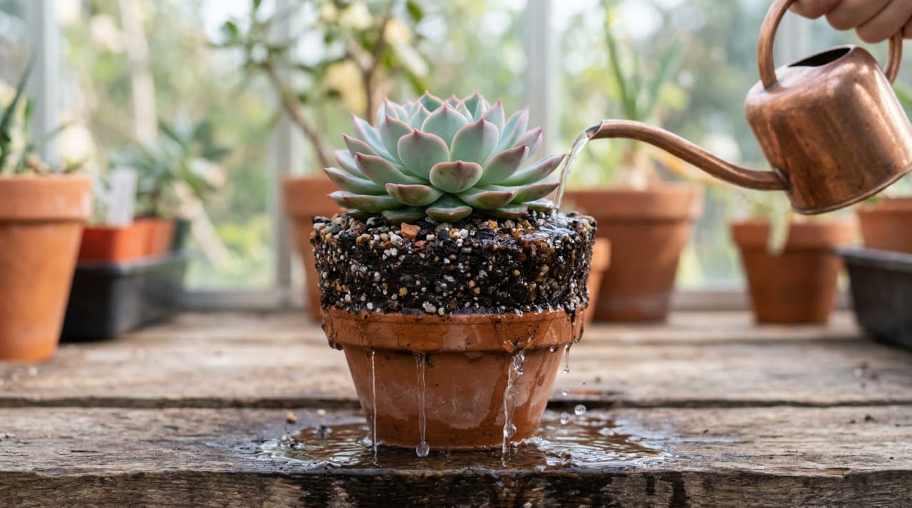 A rega profunda consiste em encharcar totalmente o substrato até que a água escorra pelos furos de drenagem do vaso