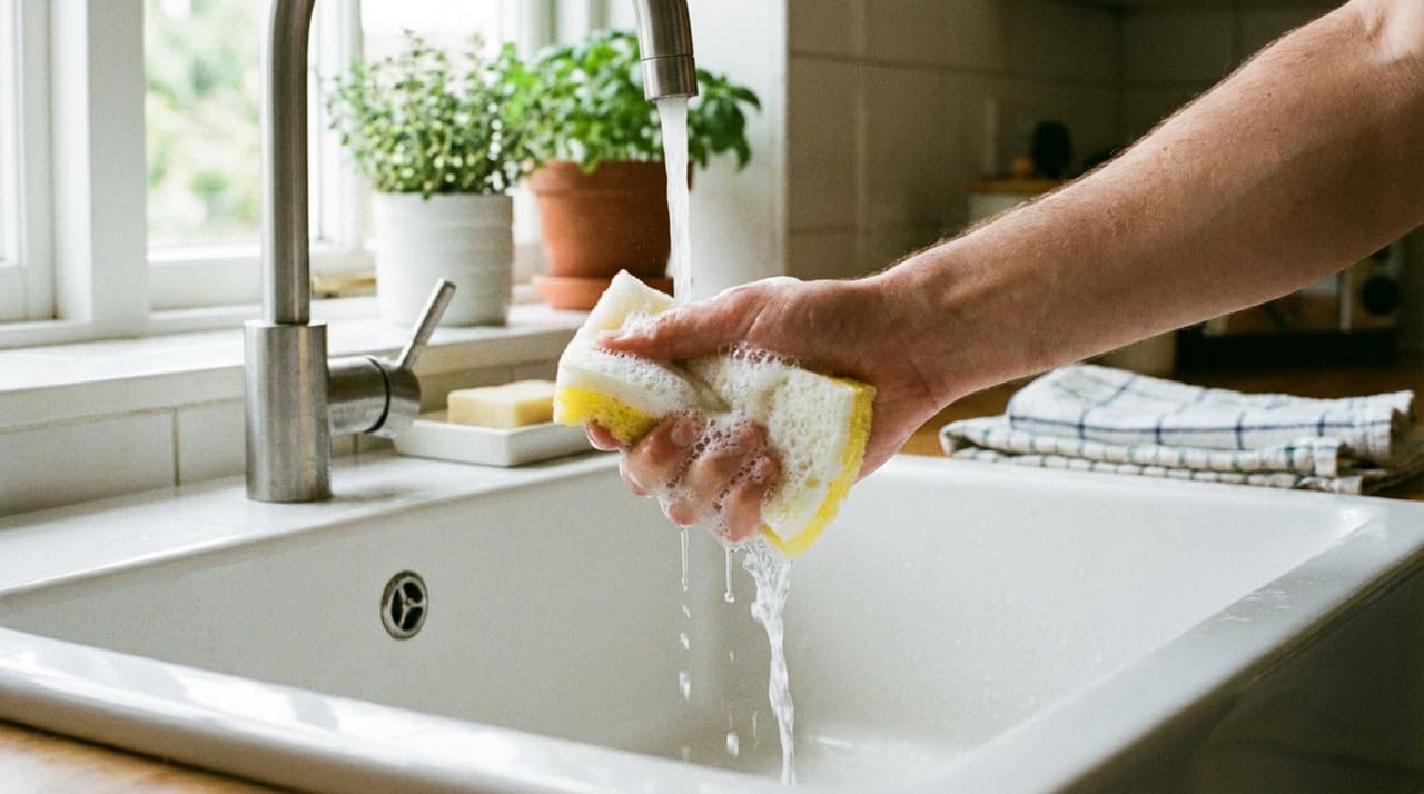 A solução mais eficaz e acessível para a limpeza profunda da esponja utiliza água sanitária diluída