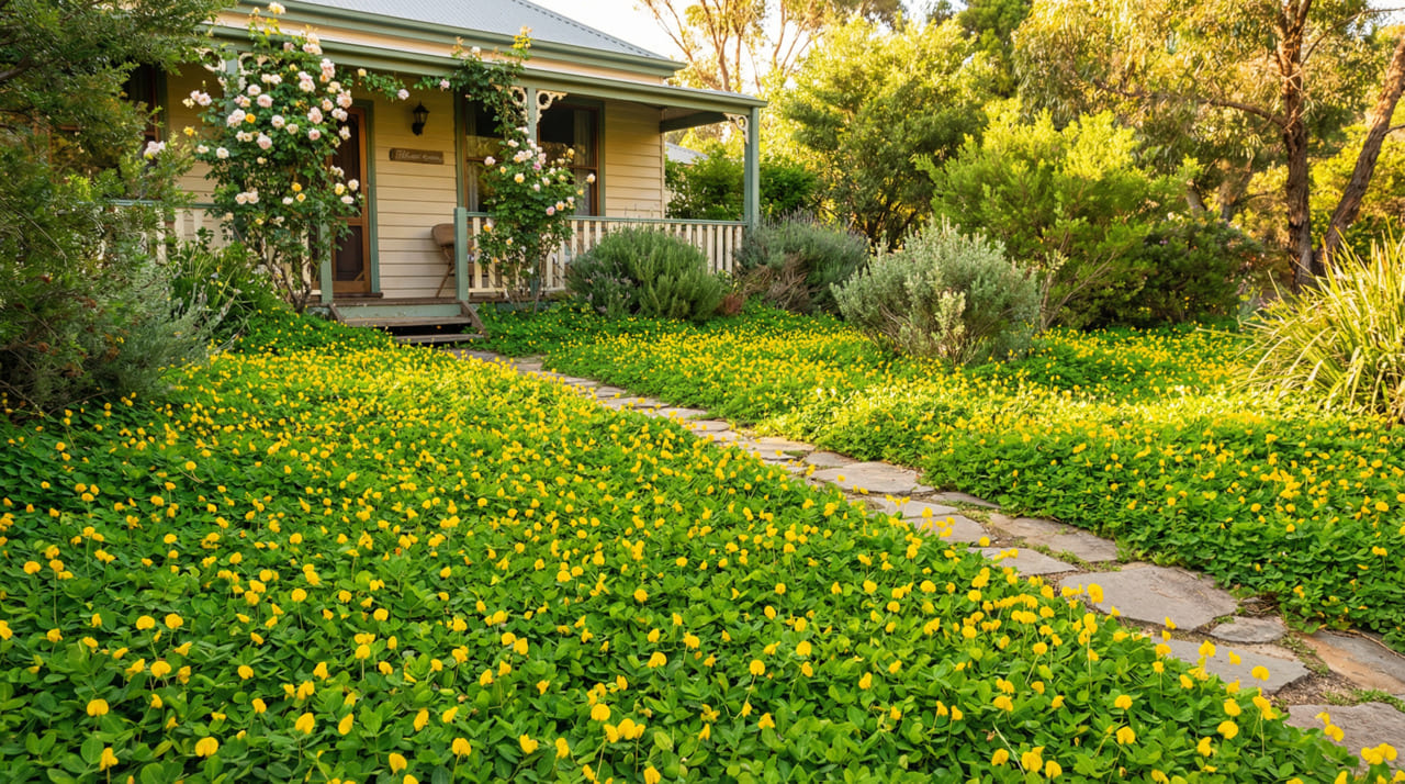 Esta espécie se destaca pela capacidade de criar um tapete denso com folhagem verde escura e pequenas flores amarelas que encantam durante o ano todo