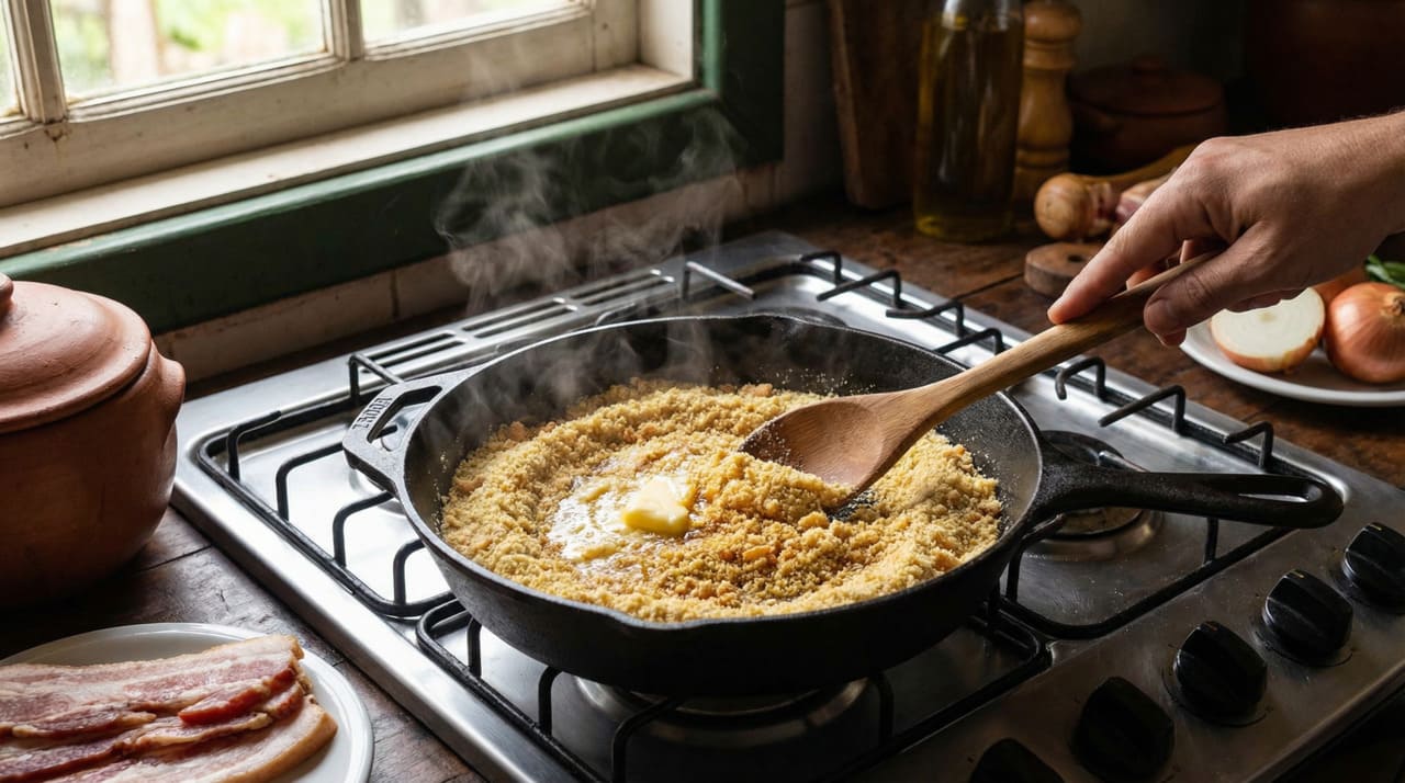 Chefs especializados em culinária brasileira explicam que a gordura é o único líquido que deve umedecer a farofa.