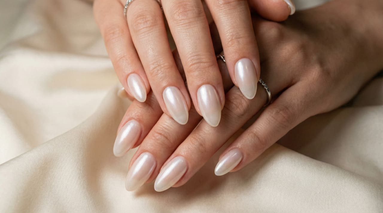 As unhas peroladas e leitosas têm base clara em tons de branco, nude ou rosado, com acabamento que lembra vidro fosco ou porcelana