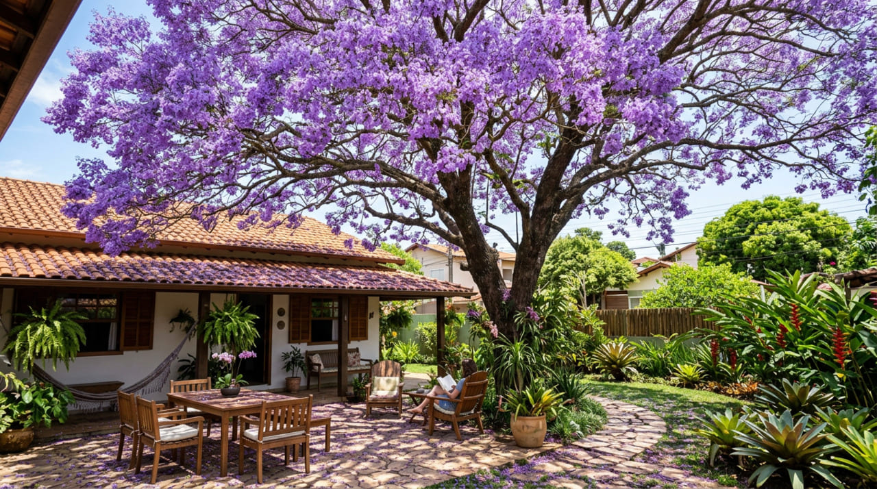 O porte majestoso dessa árvore pode atingir até quinze metros de altura, o que significa que sua copa muitas vezes se projeta diretamente sobre as telhas da residência