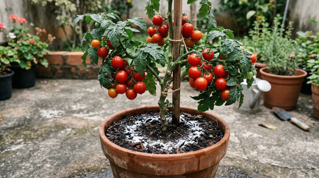O bicarbonato de sódio é levemente alcalino e, quando aplicado ao redor dos tomateiros, ele neutraliza parte da acidez presente no solo