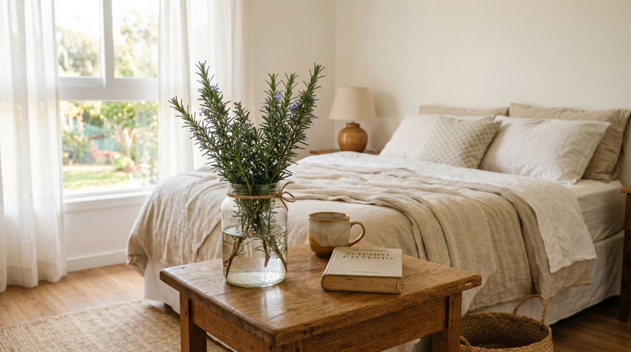 Qual a finalidade de colocar um vaso de alecrim no quarto e por que isso é recomendado?
