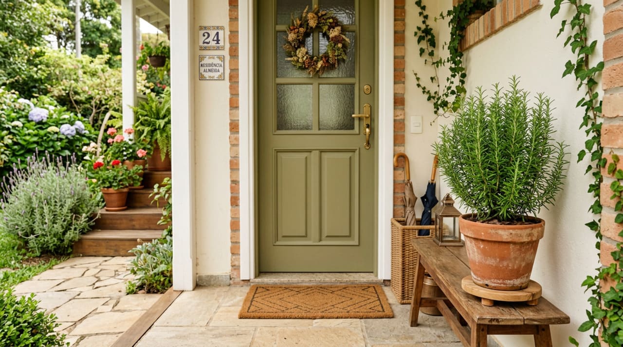A presença do Rosmarinus officinalis em vasos laterais ou sobre aparadores cria um ponto focal de elegância e frescor imediato para as visitas