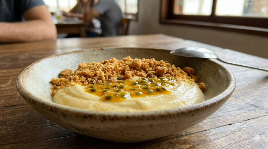 Creme gelado de maracujá com crocante por cima, sobremesa fácil, cremosa e refrescante