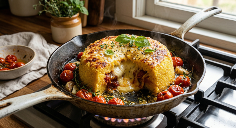 Cuscuz recheado na frigideira é uma receita fácil e criativa, com queijo derretido e tomate confit