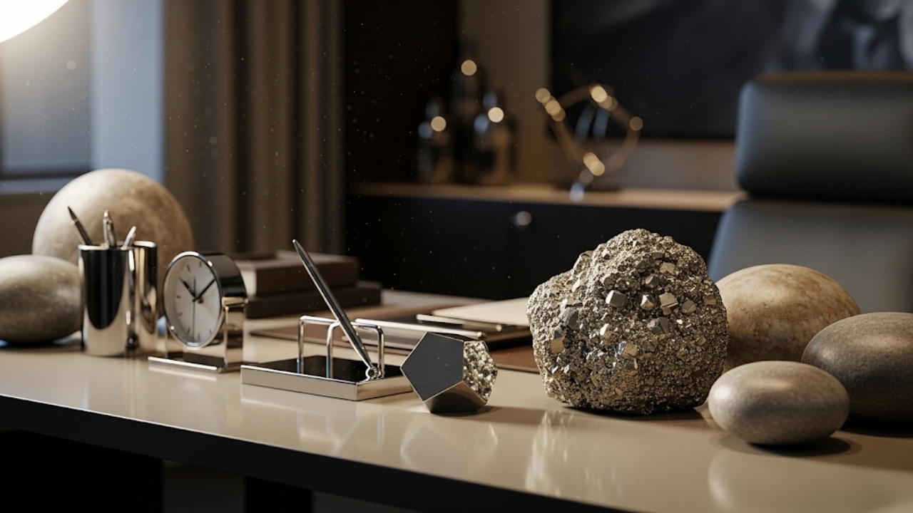 O uso de minerais brutos como a pirita eleva a percepção de valor e autoridade da sua marca.