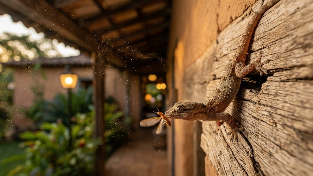 A lagartixa protege estruturas de madeira contra cupins e pragas no controle natural.