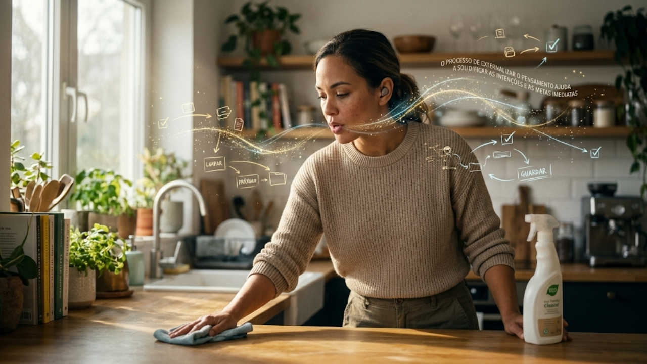 Falar sozinho em tarefas domésticas transforma o caos mental em alta performance cognitiva.