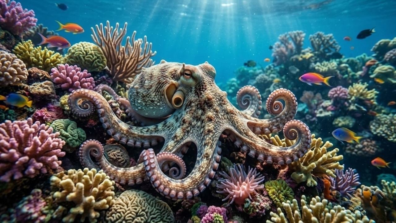 O polvo ultra-realista se integra ao recife, mostrando sua camuflagem natural.