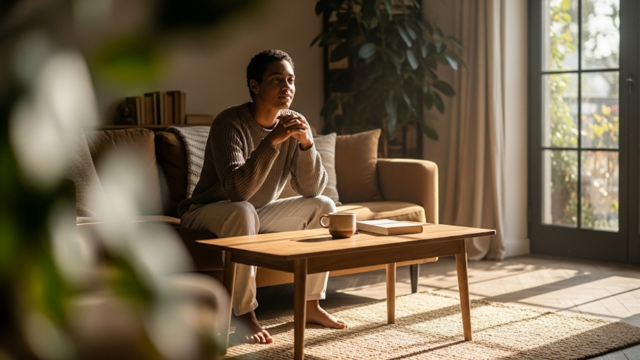 Descubra como a filosofia e o desapego digital transformam sua sala em um refúgio de paz mental.