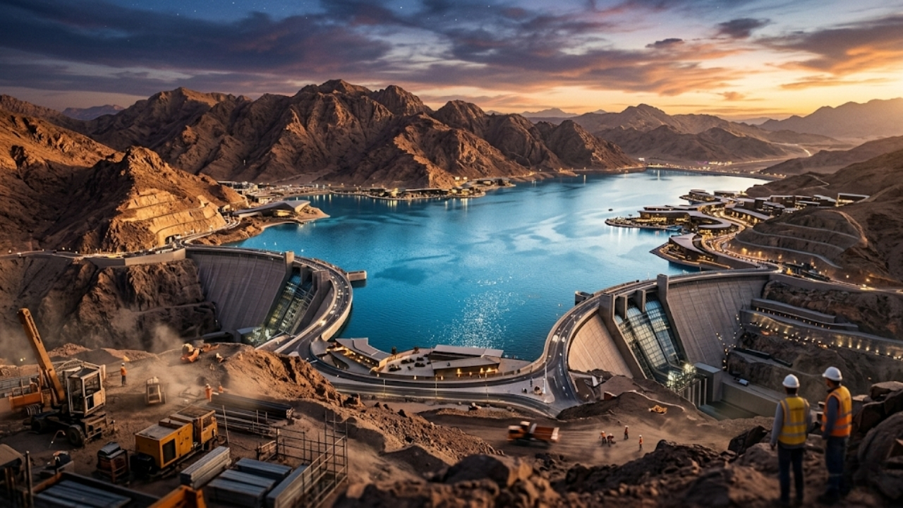 Arábia Saudita constrói lago colossal e megabarragens no deserto de NEOM.