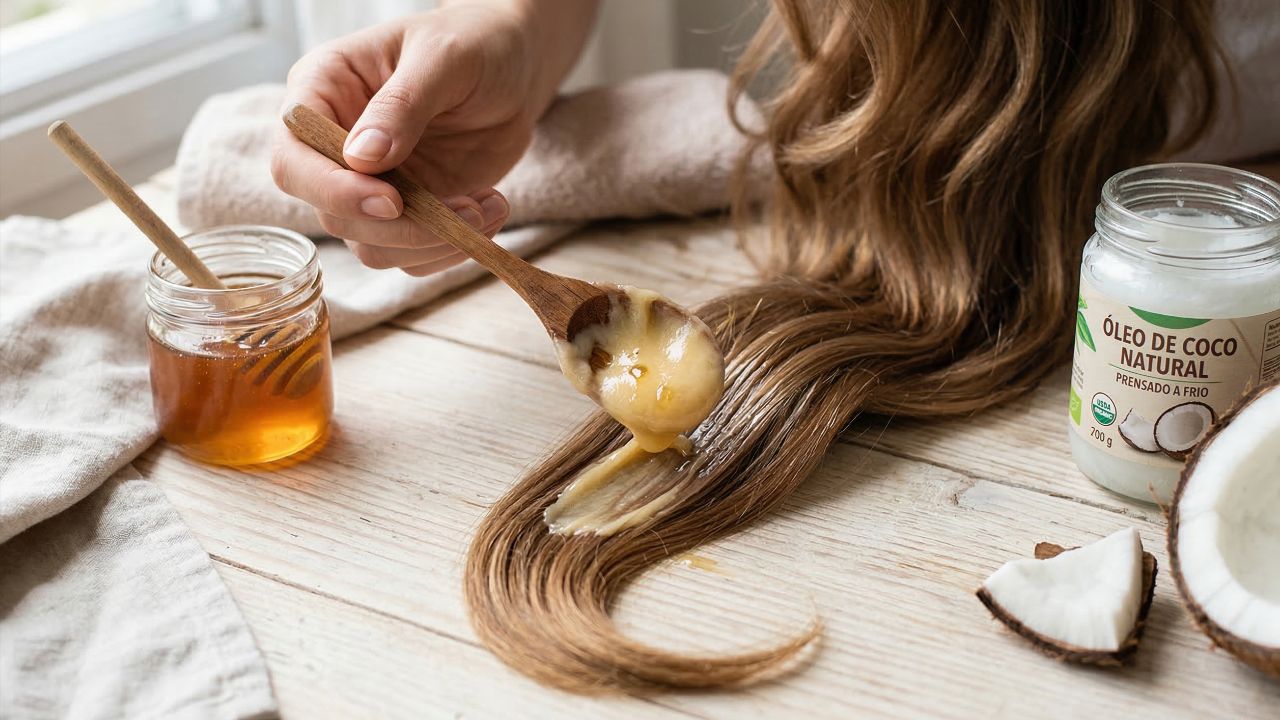 Mel e óleo selam cutículas e reduzem o frizz.