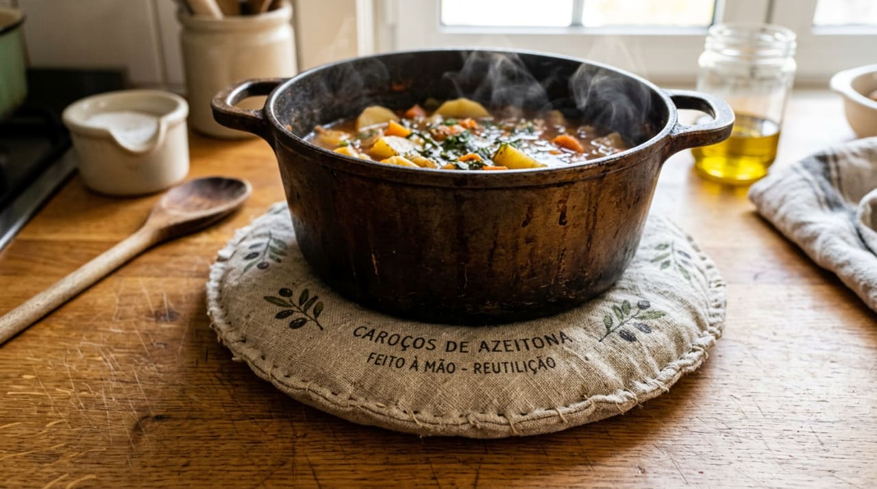 Uma das formas mais criativas e úteis de reaproveitar os caroços de azeitona é fabricar um apoio de panelas térmico, totalmente ecológico e feito em casa