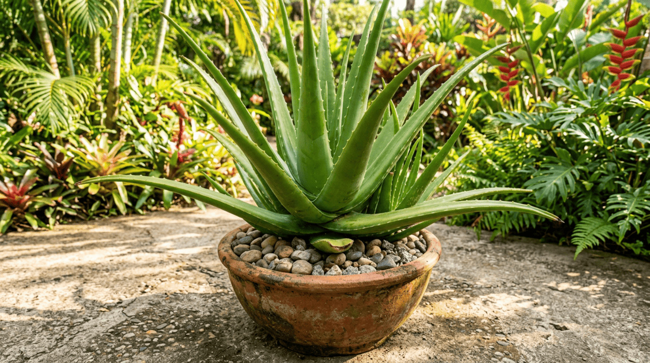 A aloe vera possui uma resistência impressionante que a torna perfeita para compor espaços abertos onde o sol direto castiga a maioria das espécies vegetais