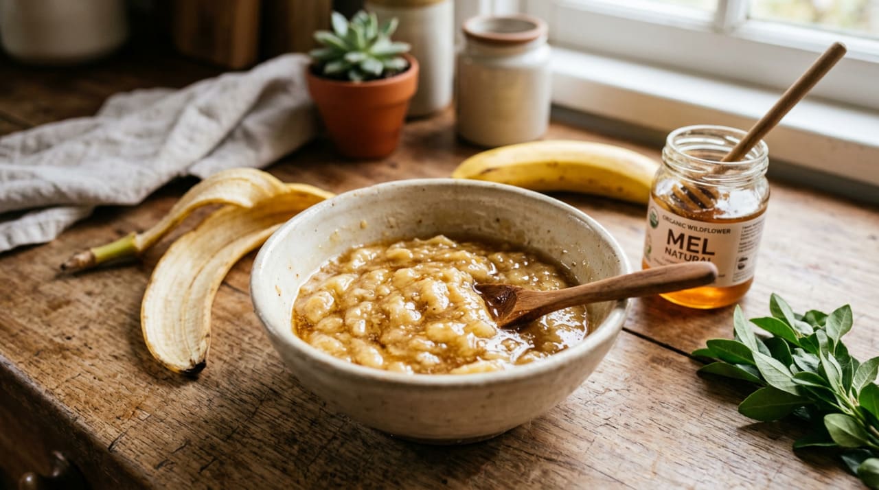 A máscara de banana e mel é usada como hidratação e nutrição leve para cabelos sem brilho, ajudando a deixar os fios mais macios e maleáveis.