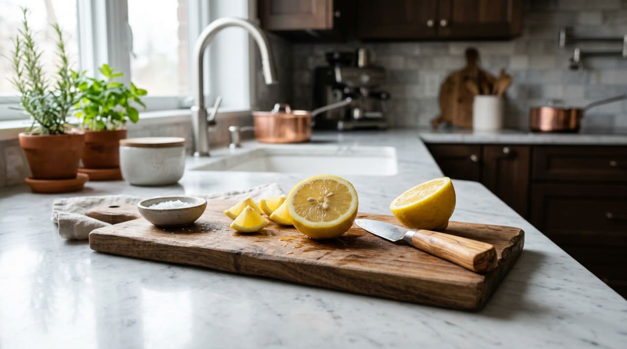 O mármore é uma pedra de origem calcária o que a torna extremamente sensível ao ataque de agentes químicos que possuem um pH muito baixo