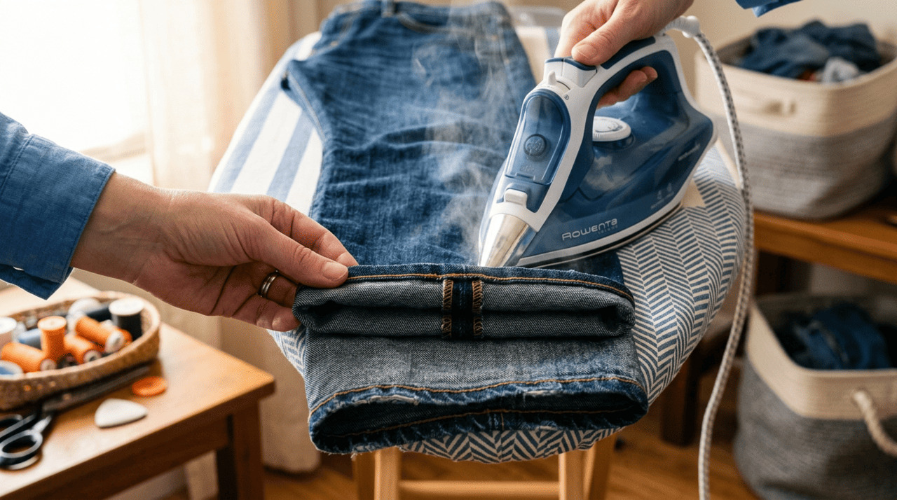 O método japonês para ajustar a barra do jeans com ferro é uma forma de encurtar a calça sem cortar o excesso de tecido e sem aplicar pontos de costura aparentes