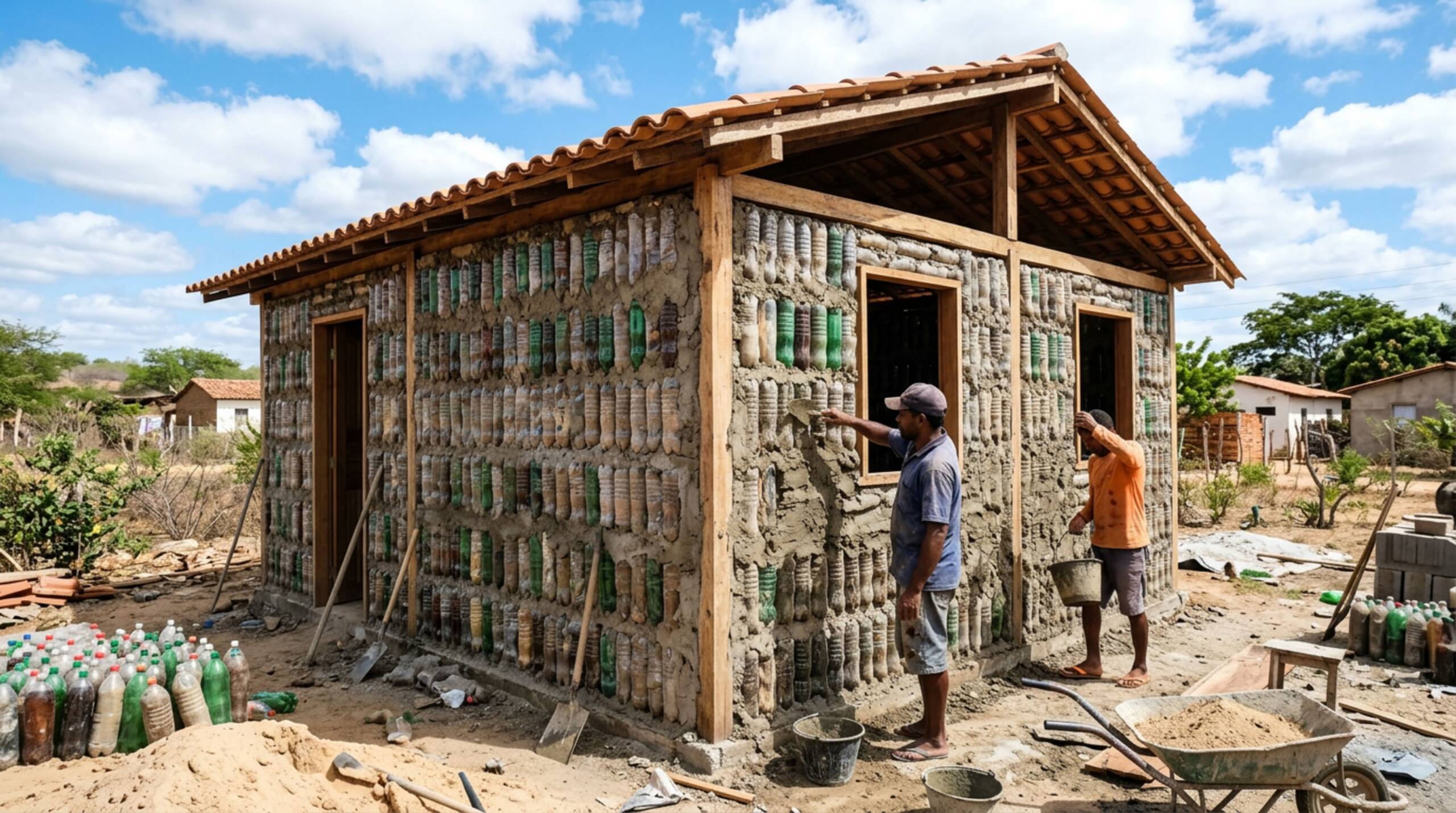 Coletaram 8.000 garrafas abandonadas de uma praia em Pernambuco e acabaram construindo uma casa real de sete quartos que hoje parece quase impossível