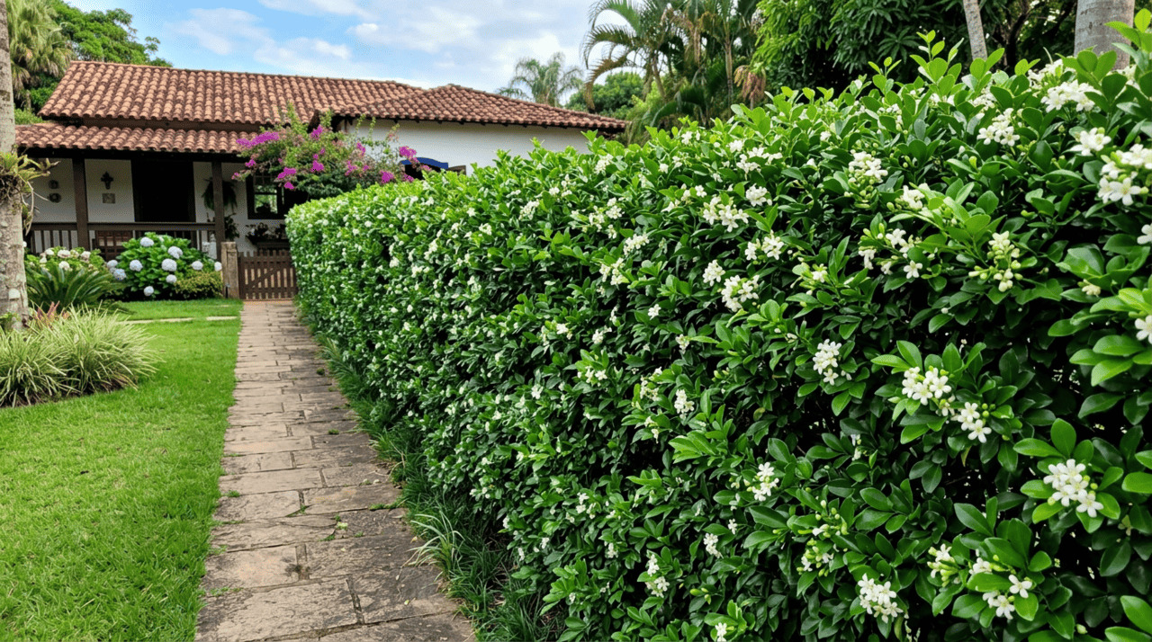 A ramificação densa e o crescimento compacto desde o nível do solo tornam a murta uma das espécies mais eficientes para formar cercas vivas