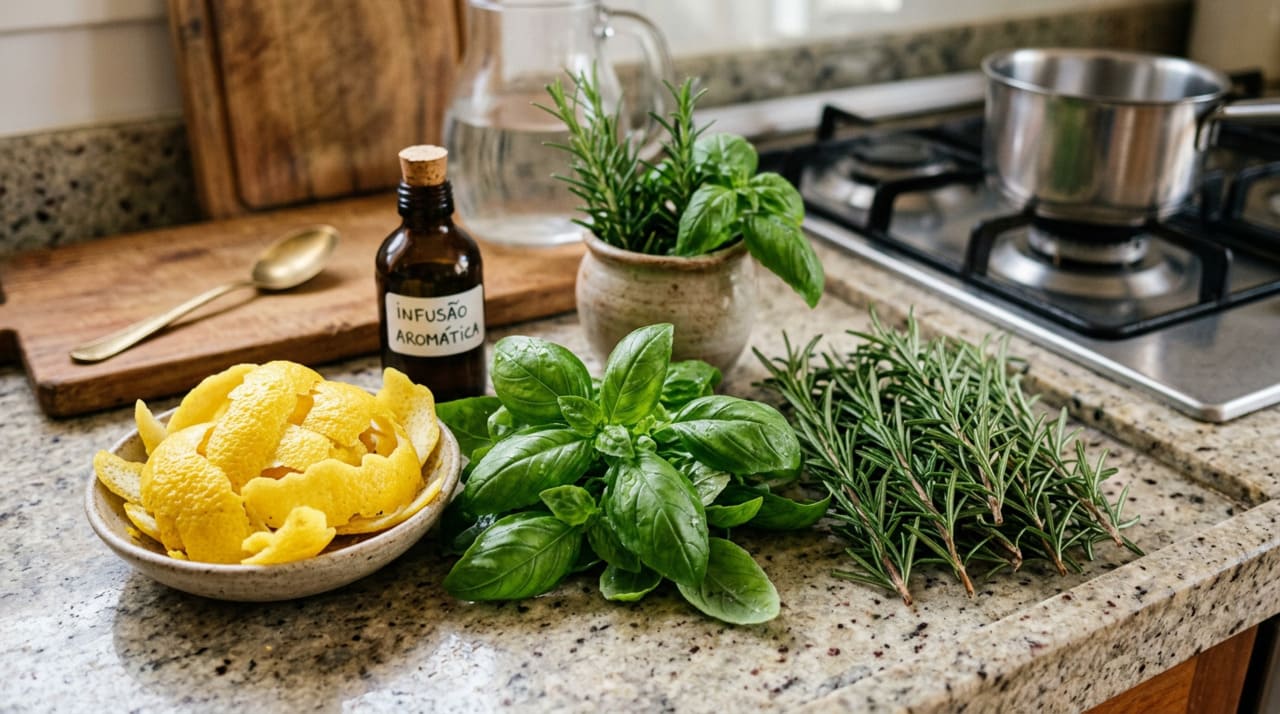 Essa combinação cria um aroma herbal e cítrico que neutraliza odores desagradáveis e renova o ar de cozinhas, salas e quartos.