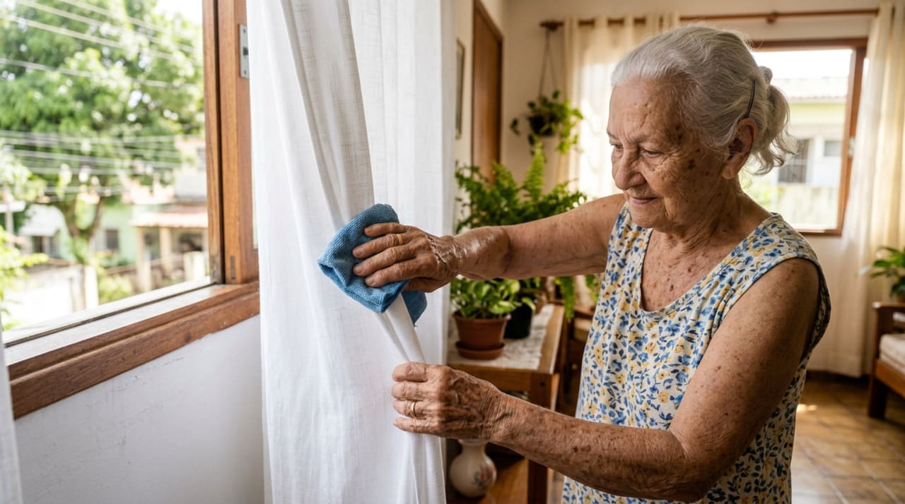 O primeiro passo da limpeza doméstica das cortinas é a remoção da poeira acumulada na superfície do tecido.