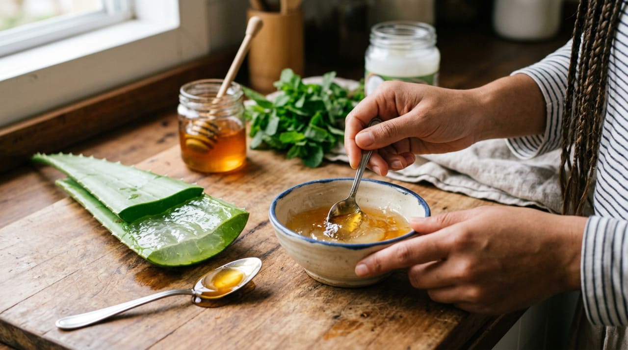 O preparo desta mistura consiste em unir o gel extraído da folha da babosa (aloe vera) ao mel puro.