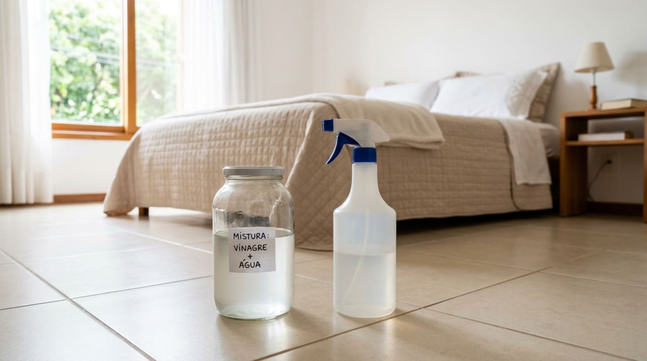 O vinagre branco possui pH ácido que funciona como desinfetante natural, criando um ambiente hostil para bactérias, fungos e insetos microscópicos.