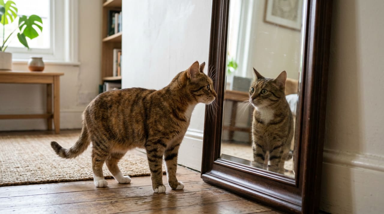 Manter um objeto que reflete imagens em locais de passagem pode acabar gerando um desconforto desnecessário para o seu companheiro de quatro patas.