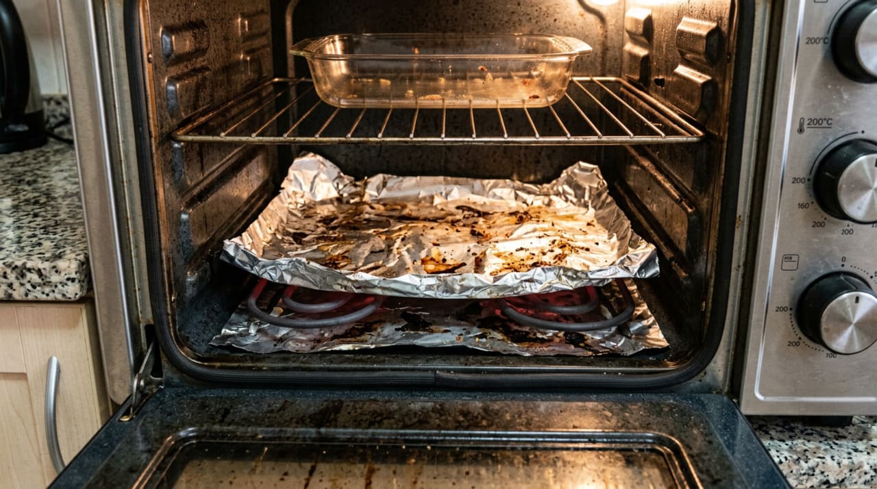 Quando o papel alumínio é colocado diretamente no “chão” do forno elétrico, ele reflete o calor emitido pela resistência inferior de volta para o próprio componente.
