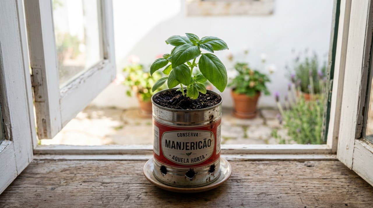 A transformação de uma lata de conserva em vaso funcional de jardinagem leva poucos minutos e exige apenas um prego e um martelo