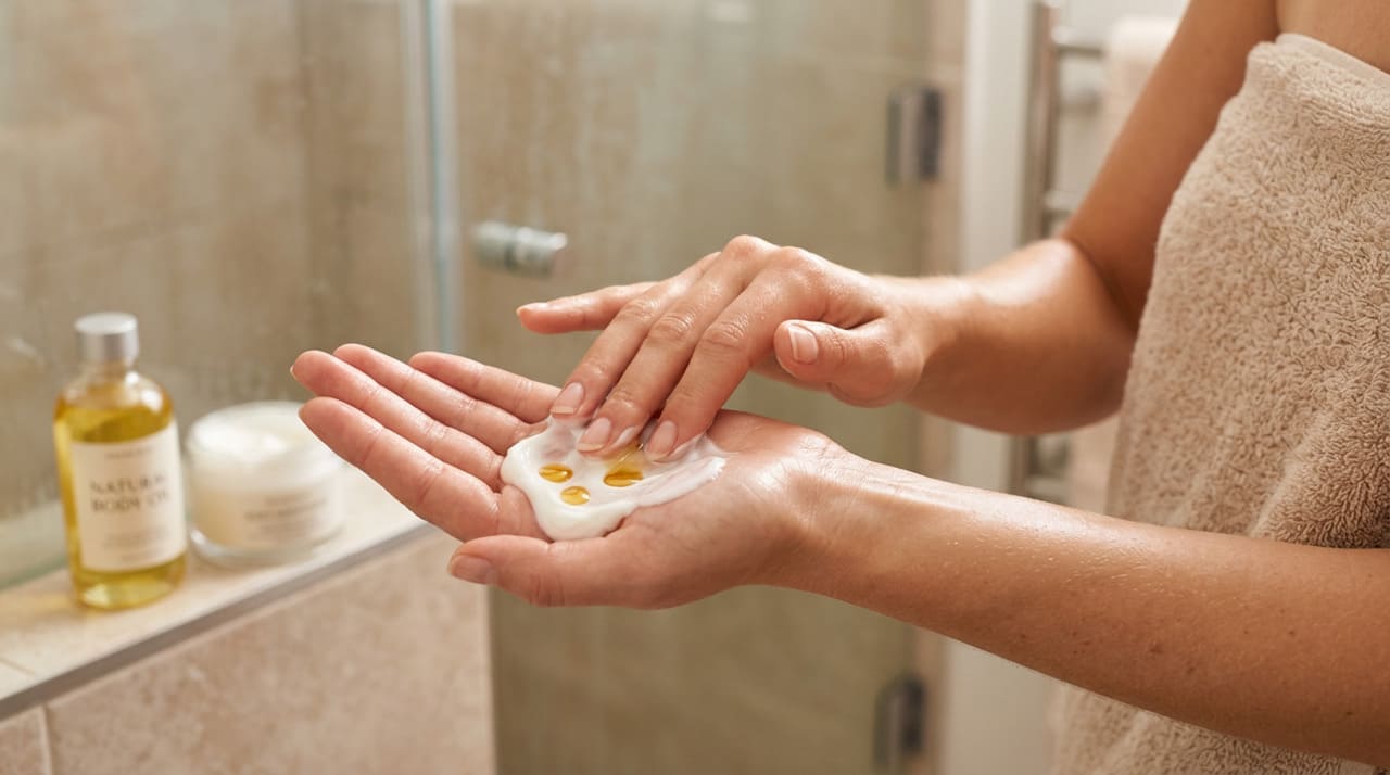 A chamada “receita caseira corporal” costuma combinar pele úmida, óleo corporal ou vegetal, como óleo de amêndoas ou de coco, e creme hidratante.