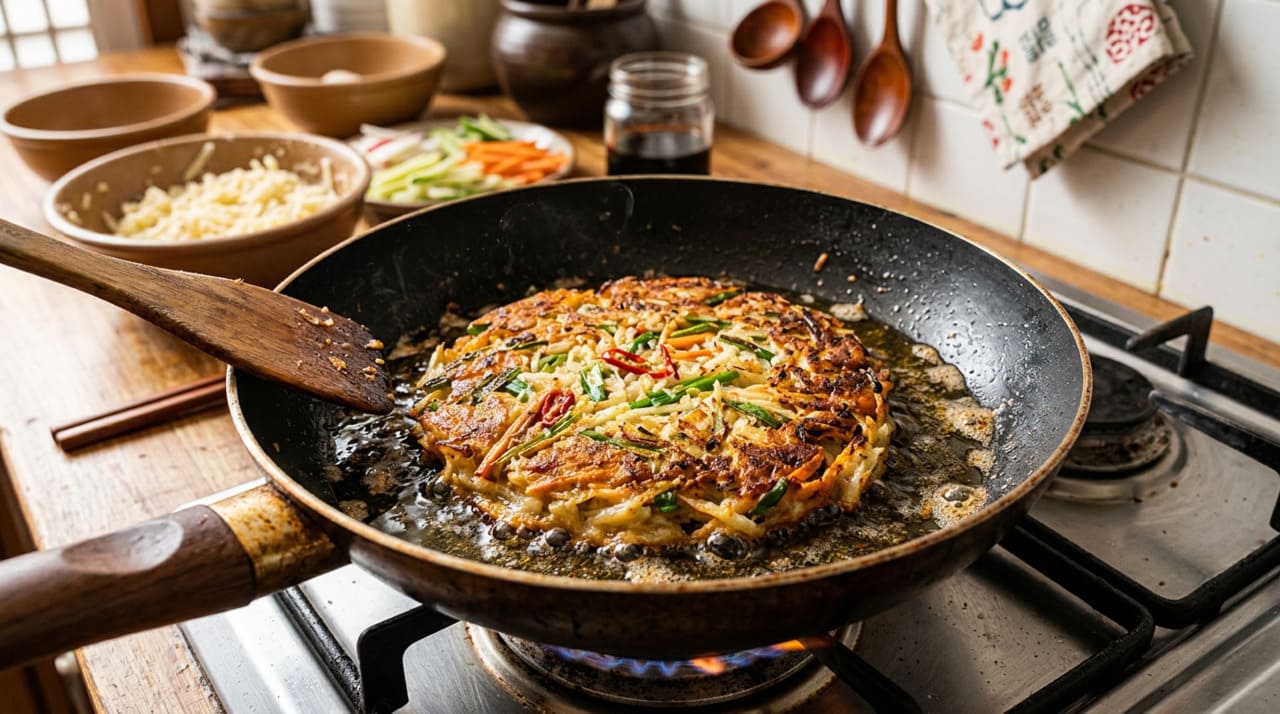 O modo de preparo do gamjajeon é simples, mas exige atenção em alguns detalhes que fazem toda a diferença no resultado final