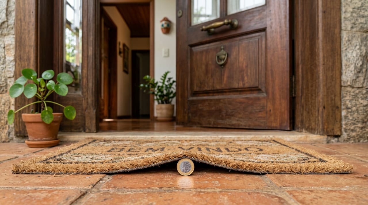 A moeda sob o tapete na porta de entrada representa o desejo de que o dinheiro chegue com mais facilidade e permaneça no ambiente