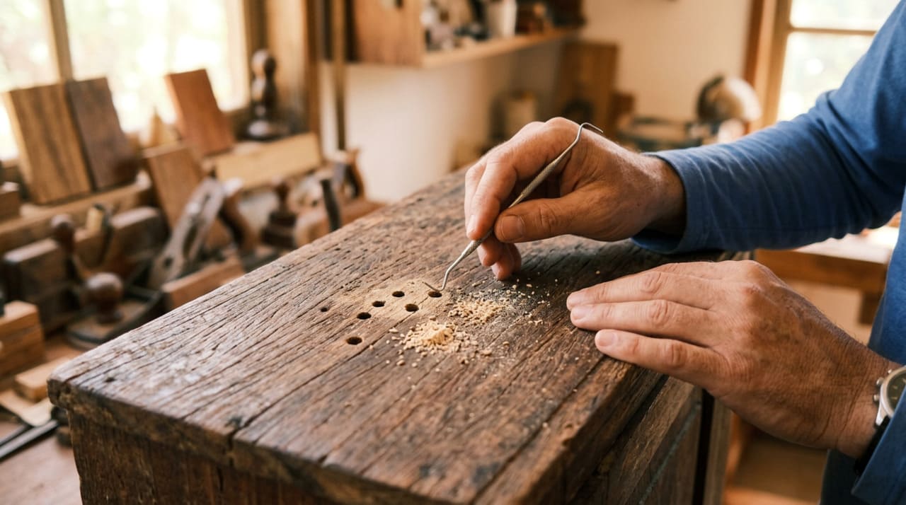 Nos móveis, os cupins de madeira seca perfuram a peça internamente e muitas vezes mantêm a superfície intacta