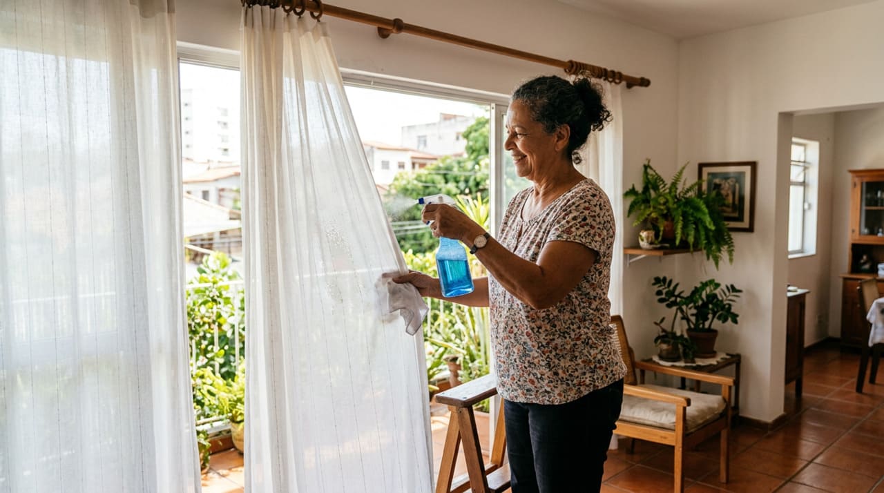 O primeiro passo da limpeza doméstica das cortinas é a remoção da poeira acumulada na superfície do tecido.