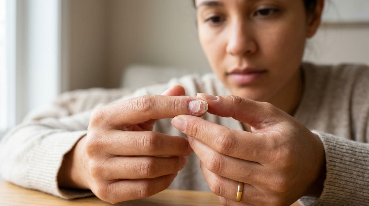 A descamação das unhas ocorre quando a lâmina ungueal perde água e óleo natural, ficando seca e frágil.