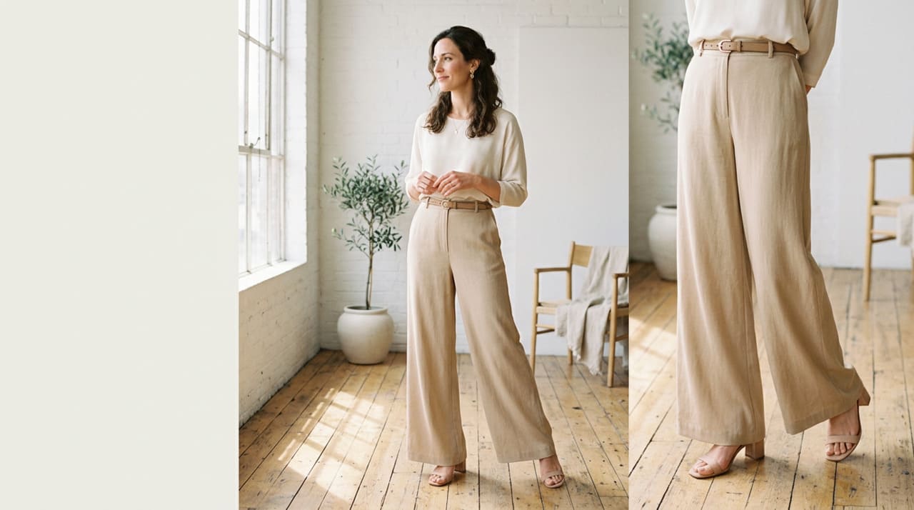 A principal razão pela qual as calças pantalonas de tecido fluido alongam a silhueta está no corte reto e na perna ampla que desce solta desde o quadril até a barra