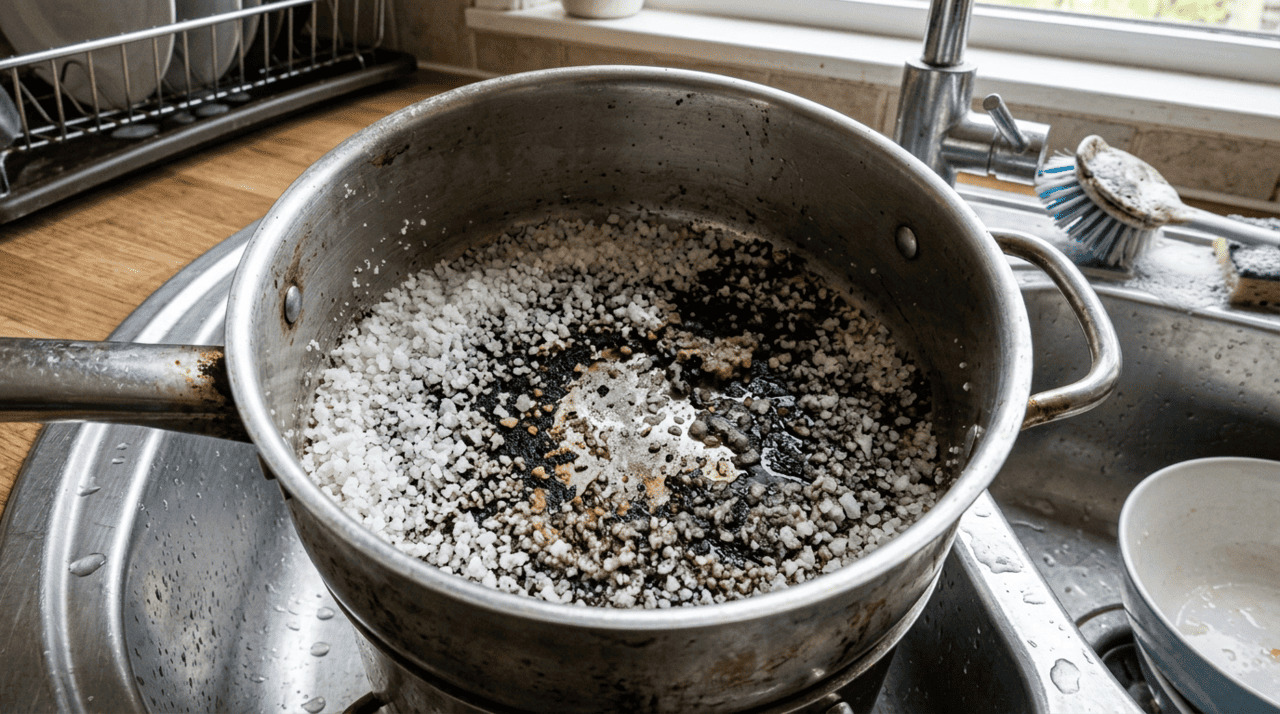 O sal grosso possui propriedades abrasivas naturais que auxiliam na desintegração das partículas de alimento que ficaram grudadas devido às altas temperaturas do fogão