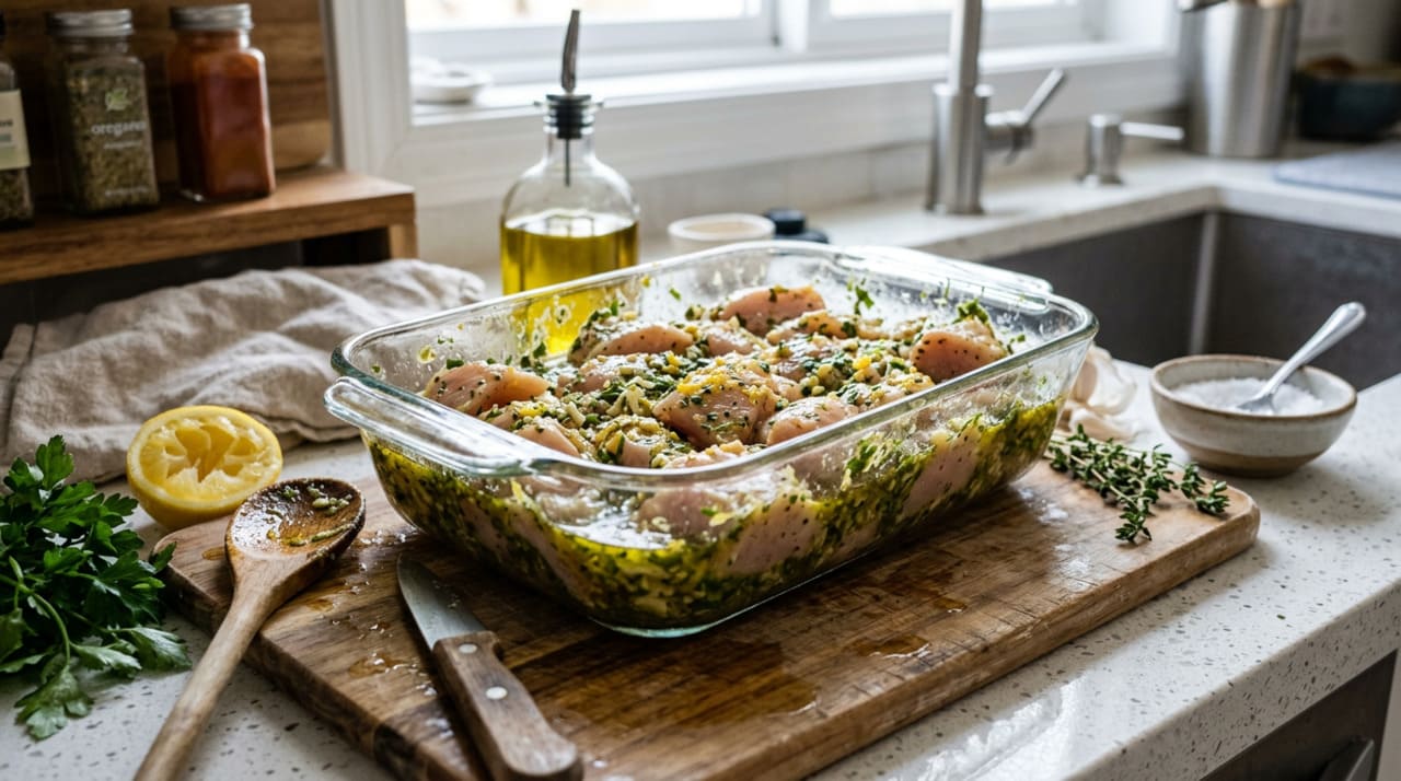 A marinada de limão com ervas frescas é a mais versátil da culinária e funciona perfeitamente com qualquer corte de frango assado no forno