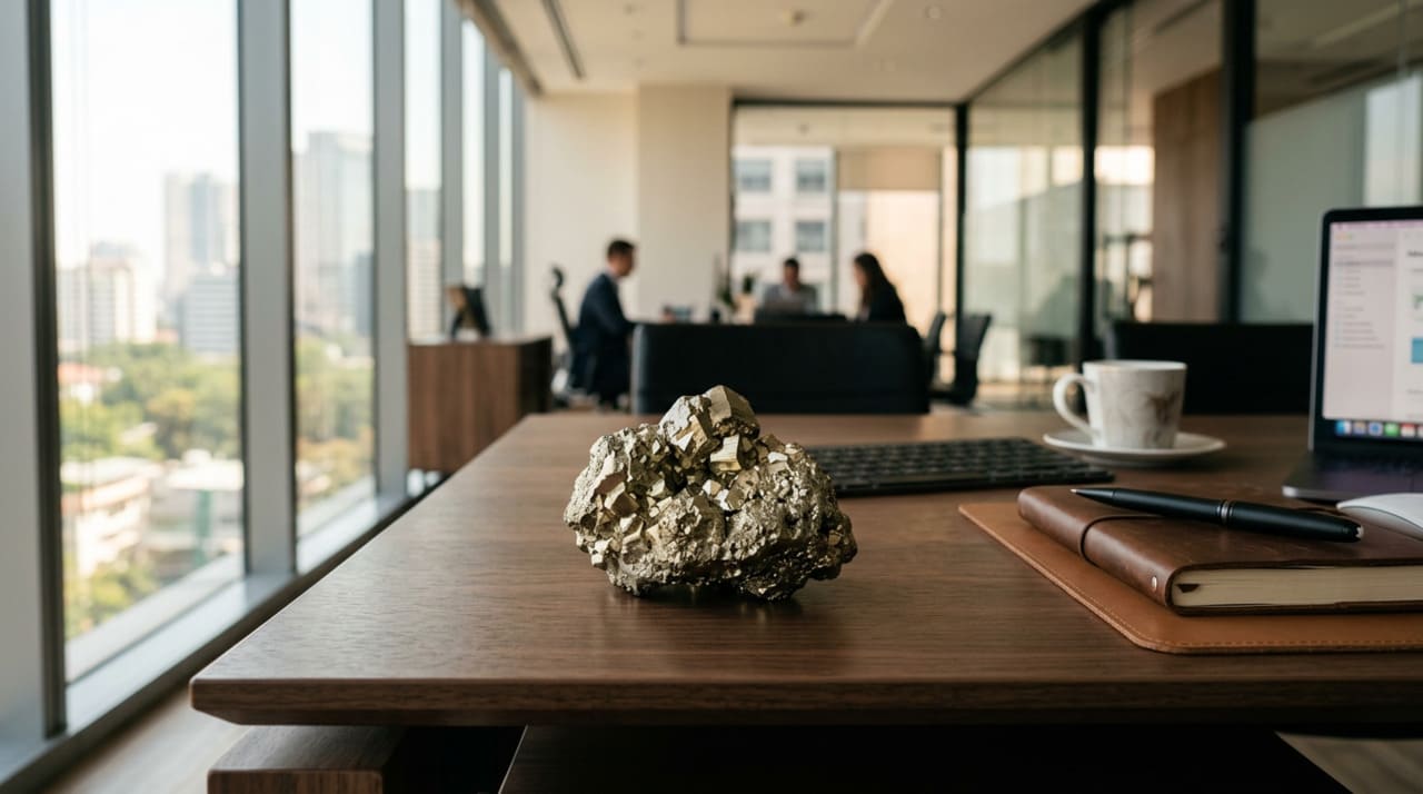 A organização de mesa ganha um destaque especial quando adicionamos elementos que fogem do comum, como minerais brutos e peças de design