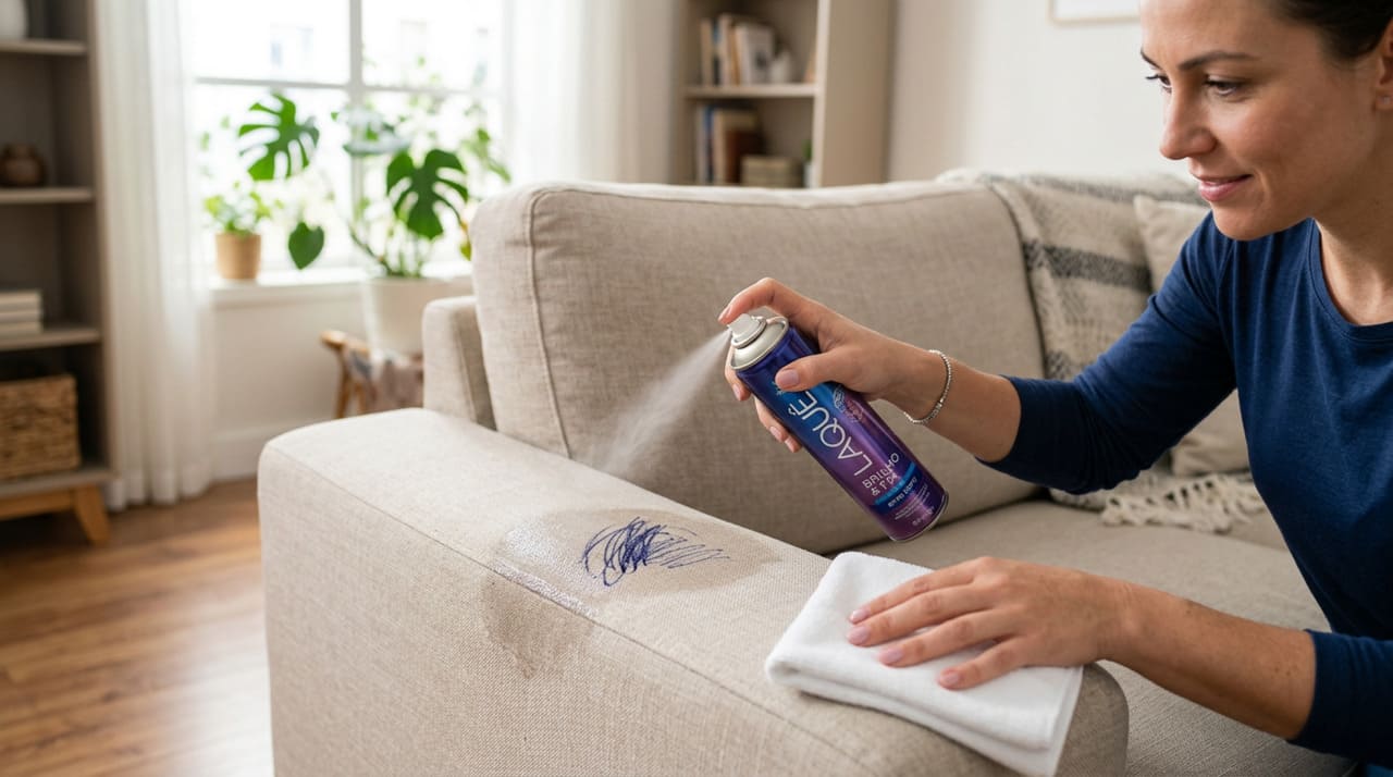 O spray de cabelo costuma conter álcool e outros solventes leves que ajudam a dissolver a tinta de caneta presente nas fibras do estofado.