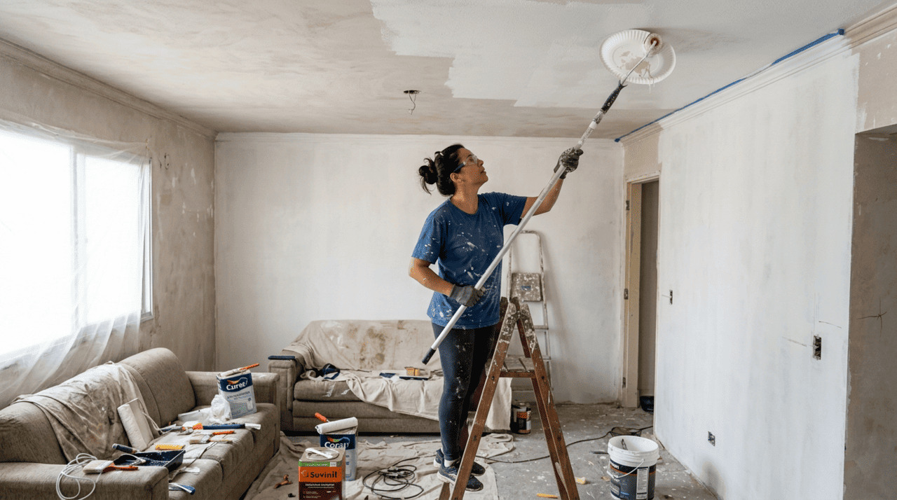 O método mais comentado para diminuir respingos ao pintar o teto é o uso de um prato descartável como escudo de proteção.