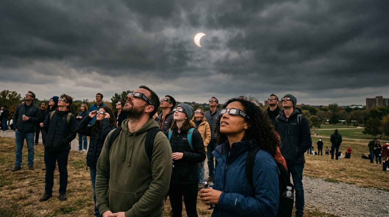 Durante a totalidade de um eclipse solar, a Lua se posiciona exatamente entre a Terra e o Sol, bloqueando completamente a luz solar e mergulhando a região na escuridão em pleno dia.