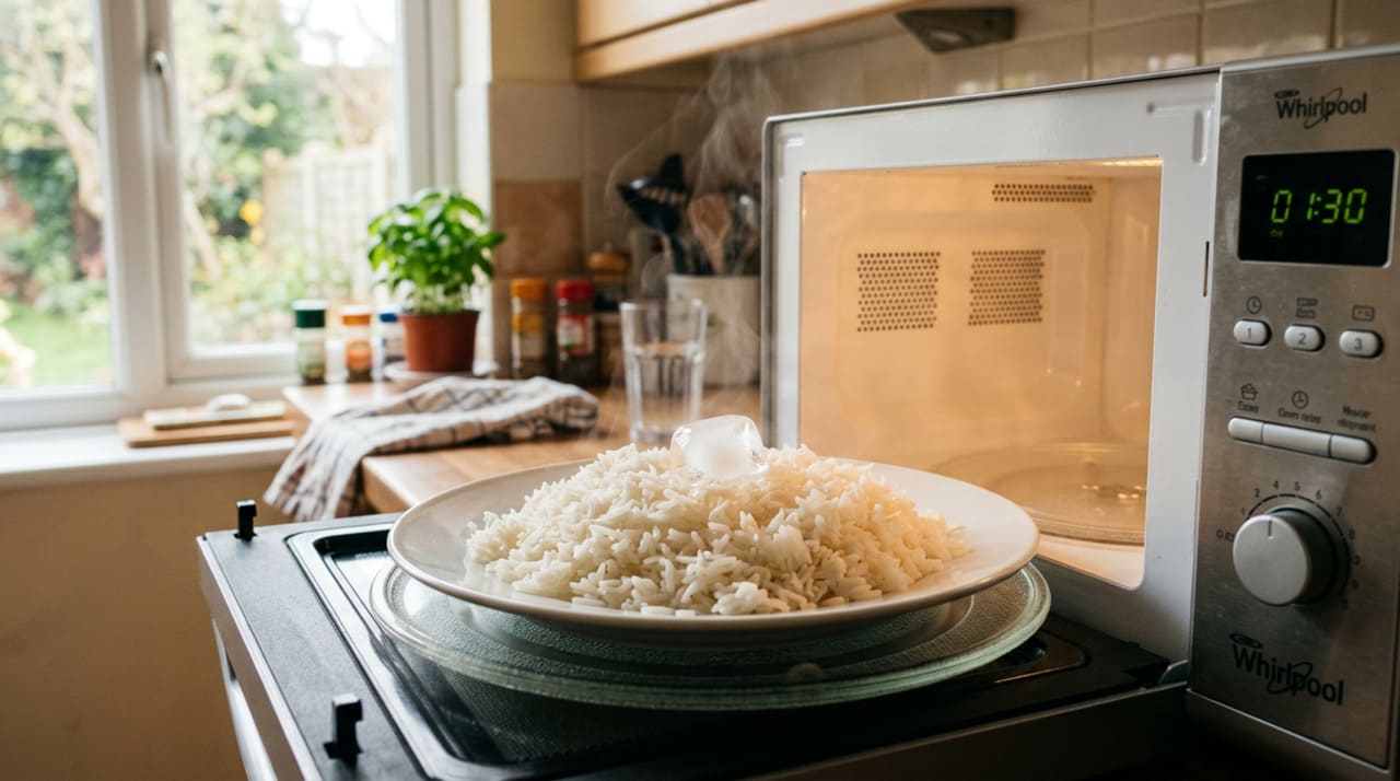 Quando um cubo de gelo é colocado sobre o arroz frio e levado ao micro-ondas, o gelo derrete gradualmente e gera vapor em quantidade controlada