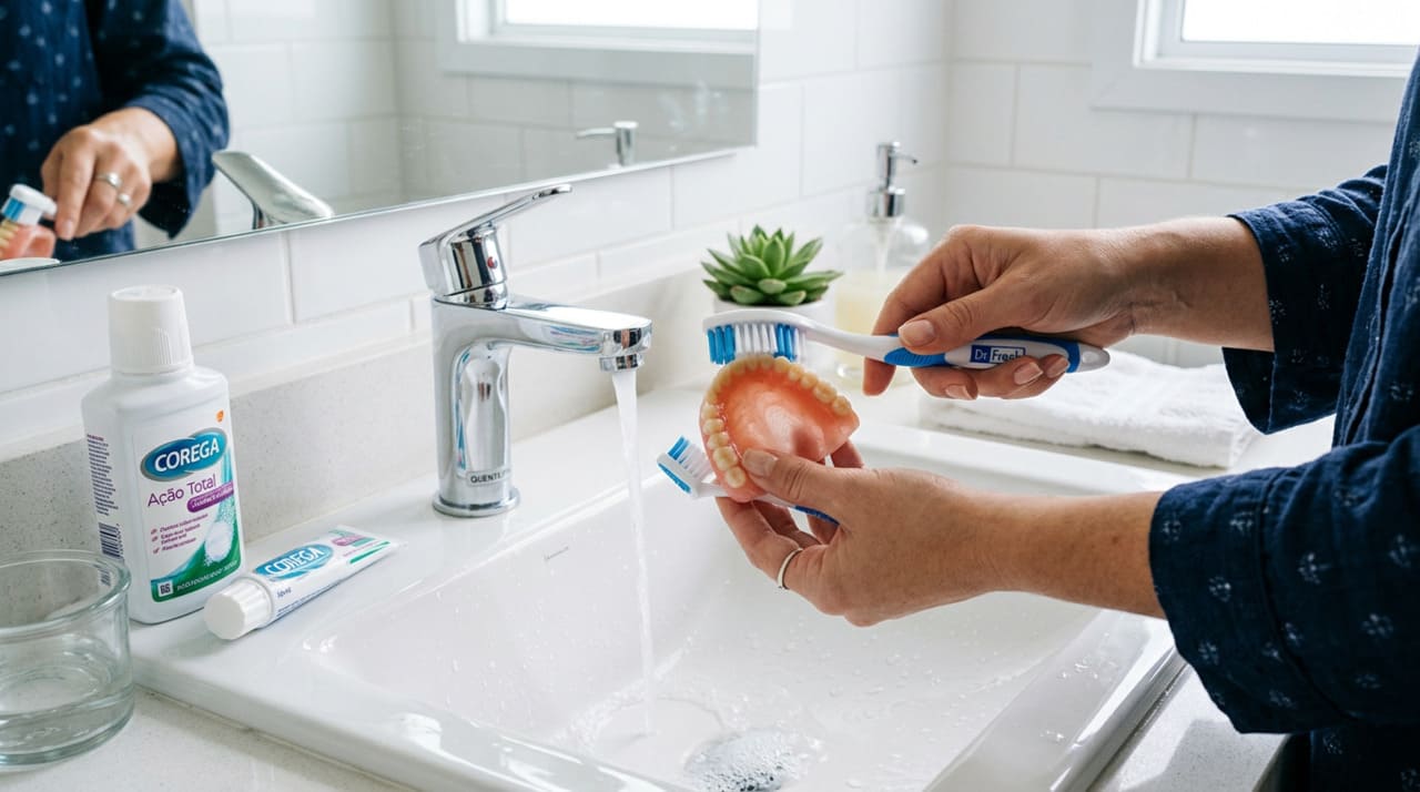 O ambiente úmido e estagnado de um copo com água pura favorece a proliferação de microrganismos nocivos que se instalam nas porosidades do material da dentadura