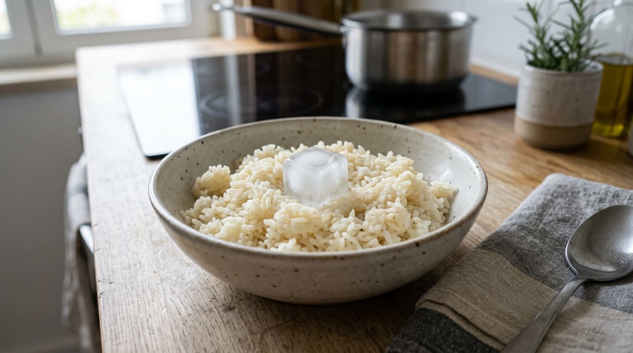 Quando um cubo de gelo é colocado sobre o arroz frio e levado ao micro-ondas, o gelo derrete gradualmente e gera vapor em quantidade controlada